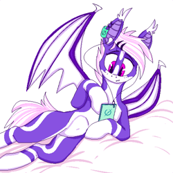 Size: 4000x4000 | Tagged: safe, artist:ivanmidnight, oc, oc only, oc:midnight flight, bat pony, pony, bed, female, music player