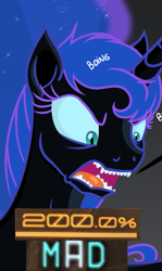 Size: 969x1625 | Tagged: safe, artist:darkest-lunar-flower, edit, editor:watermelon changeling, nightmare moon, alicorn, pony, 200% mad, angry, caption, cropped, cute, evil, expand dong, exploitable meme, image macro, meme, missing accessory, open mouth, solo