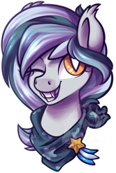 Size: 370x550 | Tagged: safe, artist:breioom, oc, oc only, oc:cobalt comet, bat pony, bandana, bat pony oc, bust, clothes, commission, fangs, looking at you, one eye closed, portrait, scarf, simple background, smiling, solo, transparent background, wink