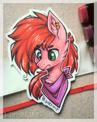 Size: 800x998 | Tagged: safe, artist:tenebristayga, oc, oc only, oc:cotton candy, pony, bandana, bust, ear piercing, looking down, male, piercing, red mane, solo, traditional art, trap