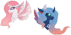 Size: 1826x904 | Tagged: safe, artist:ipandacakes, oc, oc only, oc:cycnia roselight, oc:diaphora moonglow, changedling, changeling, changepony, hybrid, bust, female, offspring, parent:pharynx, parent:princess celestia, parent:thorax, parents:lunarynx, parents:thoralestia, portrait, simple background, transparent background