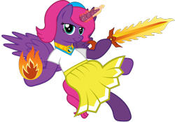 Size: 2673x1860 | Tagged: safe, artist:andrevus, oc, oc only, oc:pinkmane, alicorn, pony, alicorn oc, clothes, fireball, floating, hairband, jewelry, magic, necklace, simple background, solo, spell, sword, transparent background, weapon