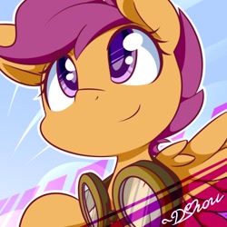 Size: 500x500 | Tagged: safe, artist:dshou, scootaloo, pegasus, pony, bust, female, filly, goggles, looking up, portrait, scootaloo can fly, smiling, solo