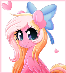 Size: 2990x3274 | Tagged: safe, artist:fluffymaiden, oc, oc only, oc:bay breeze, pegasus, pony, bow, cute, female, hair bow, heart, mare, ocbetes, smiling, solo, tongue out