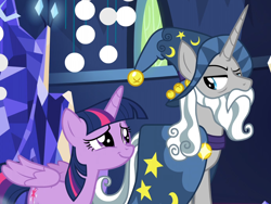 Size: 1838x1379 | Tagged: safe, screencap, star swirl the bearded, twilight sparkle, twilight sparkle (alicorn), alicorn, shadow play, cute, grin, hypocrisy, nervous, sin of pride, smiling, twiabetes, twilight's castle, unamused