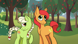 Size: 3780x2155 | Tagged: safe, artist:123nic, granny smith, oc, oc:golden russet, earth pony, pony, apple tree, high res, male, stallion, sweet apple acres, tree, young granny smith, younger