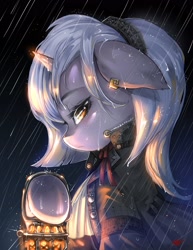 Size: 2550x3300 | Tagged: safe, artist:alts-art, oc, oc only, oc:chamber wisp, pony, unicorn, clothes, female, lantern, mare, rain, solo, wet