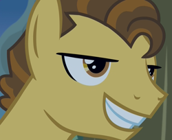 Size: 1321x1080 | Tagged: safe, screencap, grand pear, earth pony, pony, the perfect pear, bust, evil grin, grin, male, portrait, smiling, solo, stallion, young grand pear, younger
