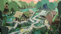 Size: 1920x1080 | Tagged: safe, screencap, a health of information, hayseed swamp, hut, meadowbrook's home, no pony, scenery, swamp, swamp fever plant, village