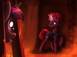 Size: 3000x2233 | Tagged: safe, artist:sirzi, tempest shadow, twilight sparkle, twilight sparkle (alicorn), alicorn, pony, unicorn, my little pony: the movie, armor, broken horn, cage, eye scar, female, glowing horn, mare, scar