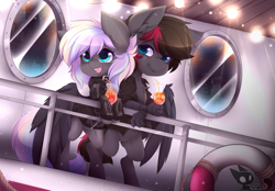 Size: 3859x2685 | Tagged: safe, artist:teranen, oc, oc only, oc:ice trio, oc:mystic thunder, bat pony, pony, bat pony oc, beverage, boat, clothes, colored pupils, couple, cute, female, glass, icethunder, lights, male, mare, oc x oc, open mouth, sailing, ship, shipping, smiling, stallion, straight, straw