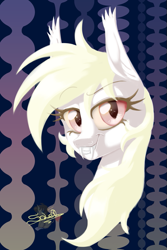 Size: 533x800 | Tagged: safe, artist:unisoleil, oc, oc only, oc:albi light wing, bat pony, pony, albino, bust, female, mare, nightpony, portrait, smiling, solo