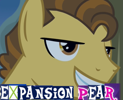 Size: 1321x1080 | Tagged: safe, edit, edited screencap, editor:watermelon changeling, screencap, grand pear, earth pony, pony, the perfect pear, bust, caption, evil grin, expand dong, exploitable meme, grin, image macro, male, meme, portrait, smiling, solo, stallion, young grand pear, younger