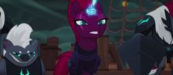 Size: 1276x558 | Tagged: safe, screencap, tempest shadow, pony, unicorn, my little pony: the movie, armor, broken horn, egrubber, eye scar, female, horn, male, mare, narrowed eyes, scar, smiling, smirk, sparking horn, storm guard, tempest shadow's bodyguard
