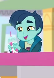 Size: 310x447 | Tagged: safe, screencap, henry handle, manestrum, eqg summertime shorts, equestria girls, shake things up!, background human, cropped, drink, male, smiling, solo