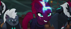 Size: 1917x797 | Tagged: safe, screencap, grubber, tempest shadow, pony, unicorn, my little pony: the movie, armor, broken horn, eye scar, female, horn, male, mare, narrowed eyes, scar, smiling, smirk, sparking horn, storm guard, tempest shadow's bodyguard