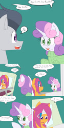 Size: 1600x3200 | Tagged: safe, artist:jake heritagu, rumble, scootaloo, sweetie belle, pony, comic:ask motherly scootaloo, bandage, bed, cast, clothes, comic, hairpin, hospital, hospital bed, motherly scootaloo, pillow, sweater