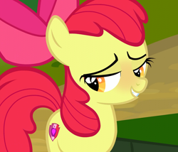 Size: 1260x1080 | Tagged: safe, edit, edited screencap, screencap, apple bloom, pony, marks and recreation, blushing, lidded eyes, looking away, looking down, nervous, solo