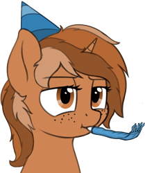 Size: 1888x2262 | Tagged: safe, artist:zippysqrl, oc, oc only, oc:sign, unicorn, bust, female, freckles, frown, hat, mare, party hat, party horn, simple background, solo, transparent background