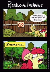 Size: 4015x5767 | Tagged: safe, artist:poecillia-gracilis19, apple bloom, grand pear, earth pony, pony, the perfect pear, absurd resolution, apple bloom's bow, biting pear of salamanca, bow, female, filly, foal, grandfather and granddaughter, hair bow, male, stallion