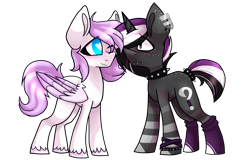 Size: 5554x3549 | Tagged: safe, artist:dollmaker47, oc, oc only, oc:ghost type, oc:night glider, pegasus, pony, unicorn, blushing, choker, clothes, female, high res, male, mare, socks, spiked choker, spiked wristband, stallion, wristband