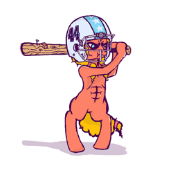 Size: 600x600 | Tagged: source needed, safe, artist:tikni, oc, oc only, oc:cinnamon swirl, abs, angry, baseball bat, bipedal, blonde, blue eyes, football helmet, helmet, hoof hold, muscles, scrunchy face, simple background, solo, white background