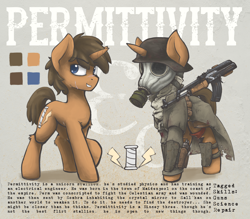 Size: 3300x2890 | Tagged: safe, artist:blvckmagic, oc, oc only, oc:permittivity, unicorn, fallout equestria, fallout equestria: transient, clothes, fanfic art, gas mask, gun, helmet, mask, reference sheet, scarred, stahlhelm, updated design, weapon