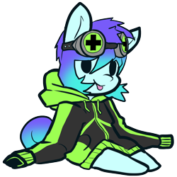 Size: 1558x1555 | Tagged: safe, artist:neoncel, oc, oc only, oc:raven mcchippy, earth pony, pony, :p, chibi, clothes, goggles, hoodie, simple background, solo, tongue out, transparent background