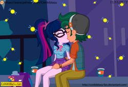 Size: 1372x933 | Tagged: safe, artist:conikiblasu-fan, sci-twi, timber spruce, twilight sparkle, better together, equestria girls, star crossed, beanie, blushing, breasts, female, geode of telekinesis, hat, kissing, male, patreon, patreon logo, shipping, show accurate, straight, timbertwi