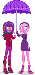 Size: 5463x11501 | Tagged: safe, artist:illumnious, oc, oc only, oc:aura midnight, oc:flares midnight, equestria girls, absurd resolution, duo, female, looking at each other, simple background, smiling, transparent background, umbrella, vector