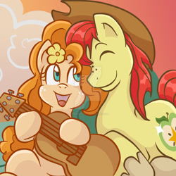 Size: 1024x1024 | Tagged: safe, artist:yoshimarsart, bright mac, pear butter, pony, the perfect pear, brightbutter, female, guitar, male, shipping, straight, watermark