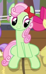 Size: 290x465 | Tagged: safe, screencap, alula, apple bloom, florina tart, earth pony, pony, apple family reunion, apple family member, background pony, bow, cropped, cute, eyes on the prize, female, florinadorable, hair bow, mare, smiling, solo focus