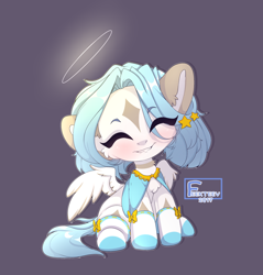 Size: 2200x2300 | Tagged: safe, artist:feekteev, oc, oc only, pegasus, pony, clothes, cute, eyes closed, female, filly, halo, happy, sitting, smiling, solo