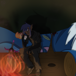 Size: 1688x1688 | Tagged: safe, artist:moonakart13, artist:moonaknight13, twilight sparkle, oc, oc:twilight night, human, alternate universe, blood, clothes, dark skin, eating, fire, fire pit, food, forest, log, meat, monster, monster hunter, scar, sword, tail, weapon