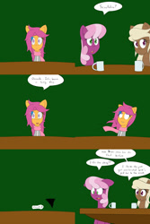 Size: 1600x2400 | Tagged: safe, artist:jake heritagu, cheerilee, scootaloo, oc, oc:sandy hooves, pony, comic:ask motherly scootaloo, clothes, coffee mug, comic, faint, hairpin, motherly scootaloo, mug, scarf, sweatshirt, table