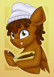 Size: 2804x4000 | Tagged: safe, artist:partylikeanartist, oc, oc only, oc:cocoa drizzle, pegasus, pony, batter, bowl, bust, cake batter, chef, chef's hat, chocolate, cooking, dreadlocks, food, hat, licking, licking lips, looking at you, patreon, patreon reward, portrait, simple background, solo, tongue out, whisk