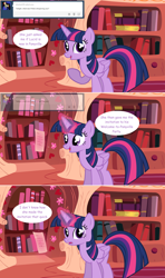 Size: 1280x2168 | Tagged: safe, artist:hakunohamikage, twilight sparkle, twilight sparkle (alicorn), alicorn, pony, ask, ask-princesssparkle, comic, female, golden oaks library, mare, solo, tumblr