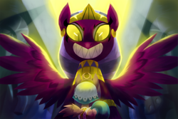 Size: 1500x1000 | Tagged: safe, artist:talonsofwater, somnambula, sphinx (character), pegasus, pony, sphinx, daring done?, backlighting, duo, female, grin, looking down, looking up, mare, plot, smiling, spread wings, wings