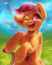 Size: 1791x2259 | Tagged: safe, artist:amishy, scootaloo, bird, pegasus, pony, big ears, female, filly, one eye closed, open mouth, scooter, smiling, solo, unshorn fetlocks, wink