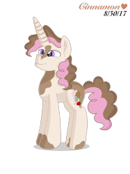 Size: 2048x2732 | Tagged: safe, artist:cinnamon-swirls, oc, oc only, oc:milkshake mocha, pony, unicorn, big horn, colored pupils, grin, male, offspring, old design, parent:cheese sandwich, parent:pinkie pie, parents:cheesepie, simple background, smiling, solo, stallion, transparent background, updated design