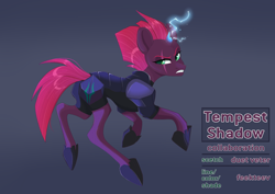 Size: 1280x905 | Tagged: safe, artist:feekteev, artist:hollybright, tempest shadow, pony, unicorn, collaboration, my little pony: the movie, armor, broken horn, eye scar, female, horn, looking back, mare, scar, solo, sparking horn