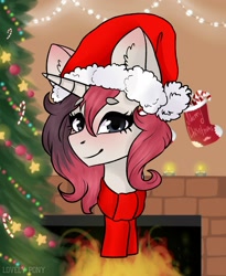 Size: 1719x2099 | Tagged: artist needed, source needed, safe, oc, oc only, pony, unicorn, christmas, christmas tree, clothes, fireplace, hat, holiday, scarf, solo, tree