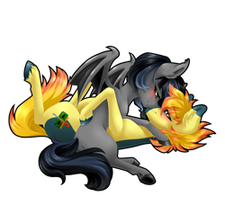 Size: 5000x4551 | Tagged: safe, artist:magicarin, oc, oc only, oc:notde, oc:yaktan, bat pony, earth pony, pony, absurd resolution, blushing, cuddling, gay, male, oc x oc, simple background, transparent background