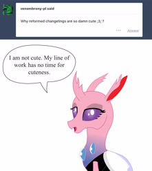 Size: 4500x5100 | Tagged: safe, artist:kirbymlp, oc, oc only, oc:sunset gleam, changedling, changeling, absurd resolution, ask, ask sunset gleam, changedling oc, changeling oc, cute, cuteling, dialogue, i'm not cute, tumblr, tumblr blog, vector