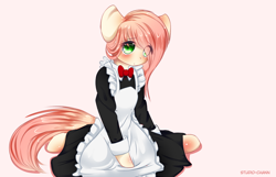 Size: 1000x642 | Tagged: safe, artist:little-sketches, oc, oc only, oc:akarui sakura, pony, bowtie, clothes, cuffs (clothes), cute, female, kneeling, looking at you, maid, mare, simple background, solo