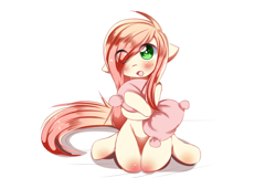 Size: 1000x642 | Tagged: safe, artist:little-sketches, oc, oc only, oc:akarui sakura, earth pony, semi-anthro, female, floppy ears, green eyes, hair over one eye, kneeling, looking at you, mare, pillow, simple background, solo