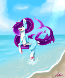 Size: 2600x3100 | Tagged: safe, artist:pinktabico, oc, oc only, goo pony, original species, pony, shark pony, cute, female, mare, open mouth, sky, smiling, solo, water