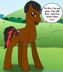 Size: 1004x1150 | Tagged: safe, artist:gloverboy21, artist:gloverboy23, oc, oc only, oc:devon darkhooves, edgy, field, grammar error, grass, male, ow the edge, solo, stallion