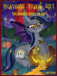 Size: 960x1280 | Tagged: safe, artist:krazykari, oc, oc only, oc:echo, bat pony, pony, badge, commission, female, halloween, holiday, jack-o-lantern, moon, pumpkin, solo, ych result