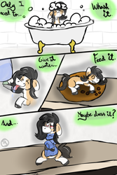 Size: 2000x3000 | Tagged: safe, artist:euspuche, oc, oc only, oc:liliya krasnyy, earth pony, pony, comic:li'l pony, bath, bathroom, comic, drinking, eating, looking at you, sitting, washing